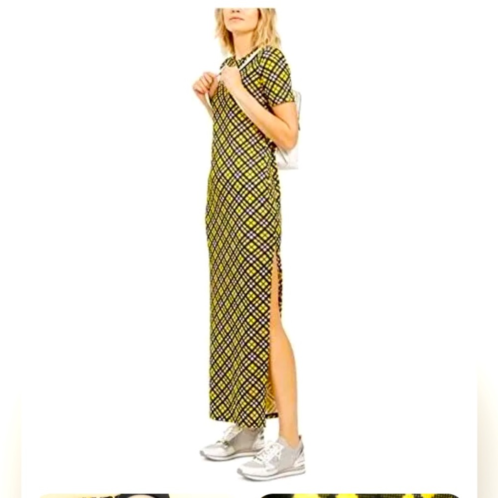 NWT MICHAEL KORS Yellow Plaid Maxi Dress Side Slit  Size P/S